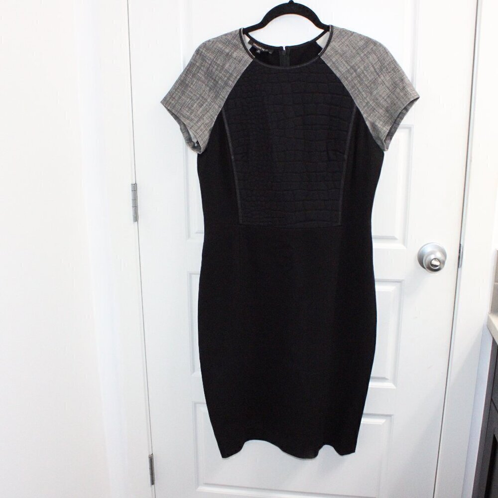 3/$30 LAFAYETTE 148 Black Gray Faux Leather Accent Sheath Dress Size 10